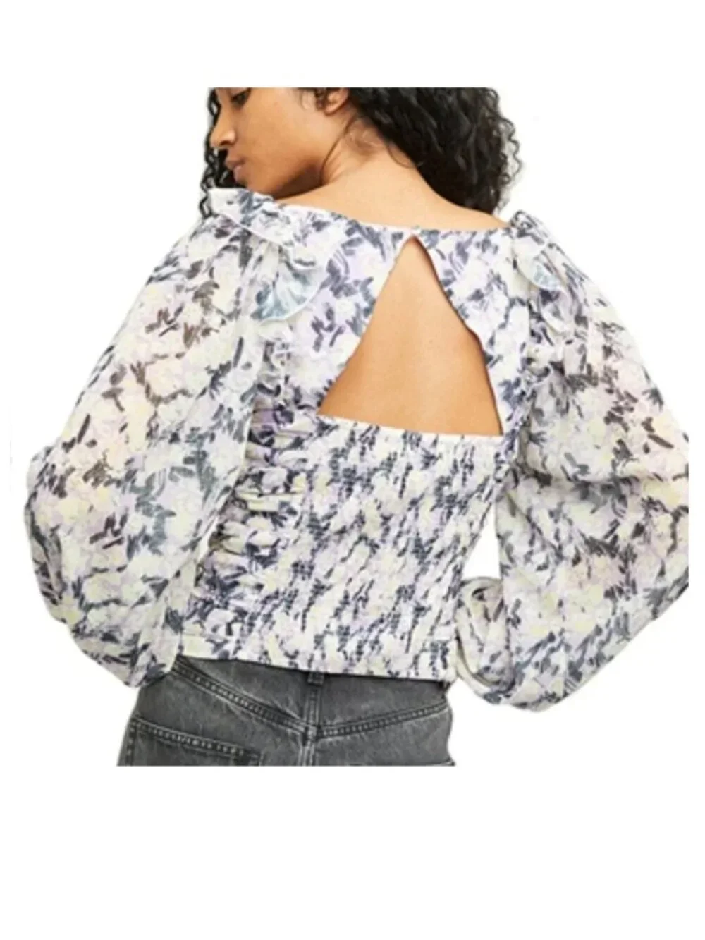 Free People Floral Ruched Blouse Top Puff Sleeve Tie Front Cottagecore Boho Roma - Picture 2 of 13